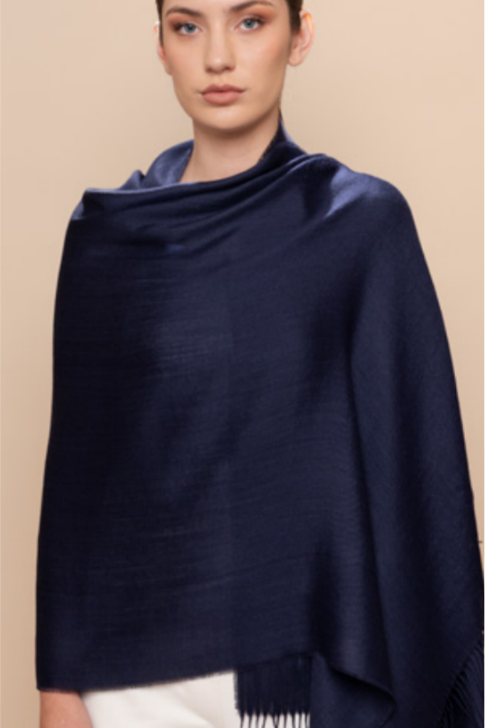 Lightweight Alpaca & Silk Shawl Wrap With Fringes-Marine Blue
