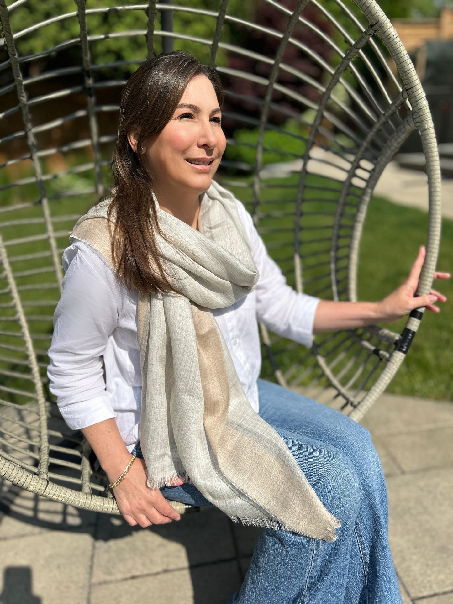 Alpaca Shawl Wrap- Alpaca & Silk Blend Off White / Grey Tan - Andes Connection