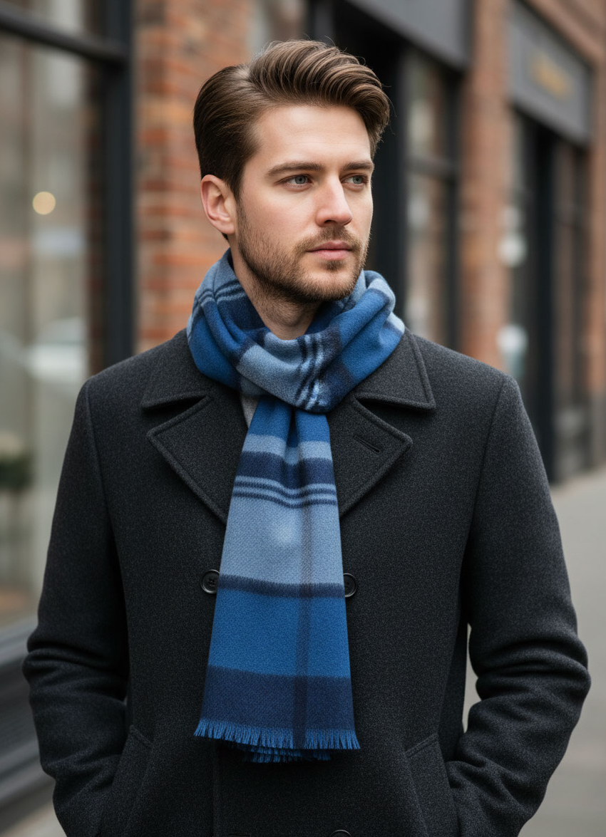 Baby Alpaca Unisex Plaid Scarf – 100% Brushed Baby Alpaca, Navy Blue