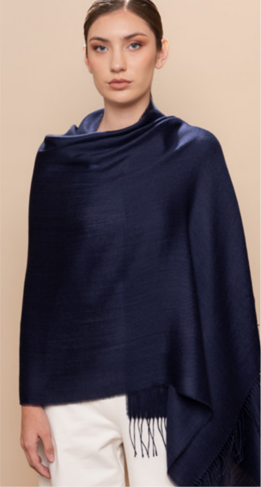 Lightweight Alpaca & Silk Shawl Wrap With Fringes-Marine Blue