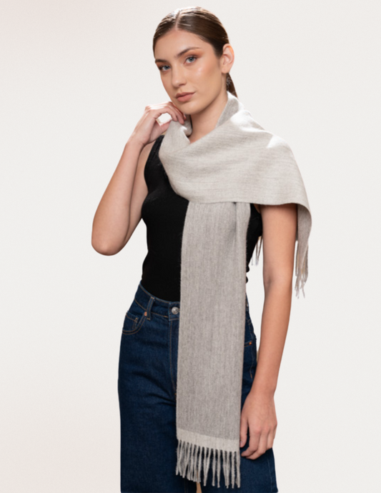Alpaca Double Sided Fringed Scarf –Light Grey/OffWhite