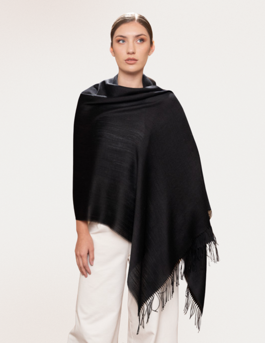 Lightweight Alpaca & Silk Shawl Wrap With Fringes-Black