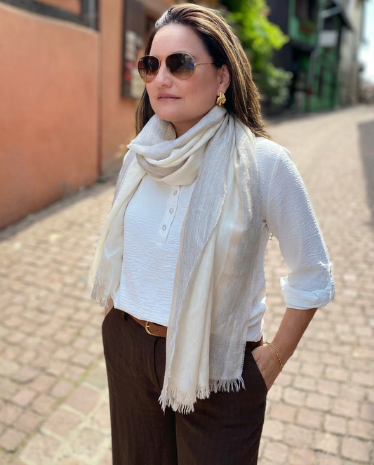 Alpaca Shawl Wrap- Alpaca & Silk Blend Off White /Grey Tan