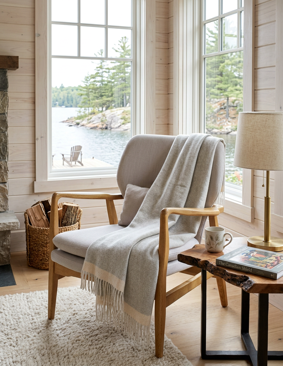 Cozy living room with a chair draped with an alpaca blanket, a lamp, and a view of a lake.