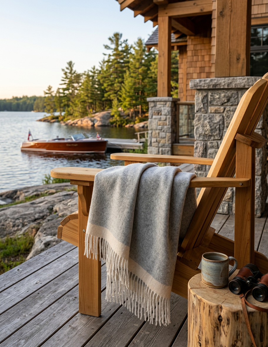 Wooden chair with an alpaca blanket on a deck by a lake with a cabin in the background