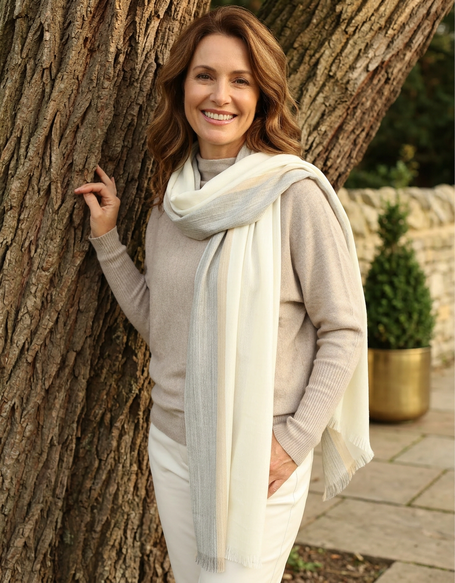Alpaca Shawl Wrap- Alpaca & Silk Blend Off White /Grey Tan