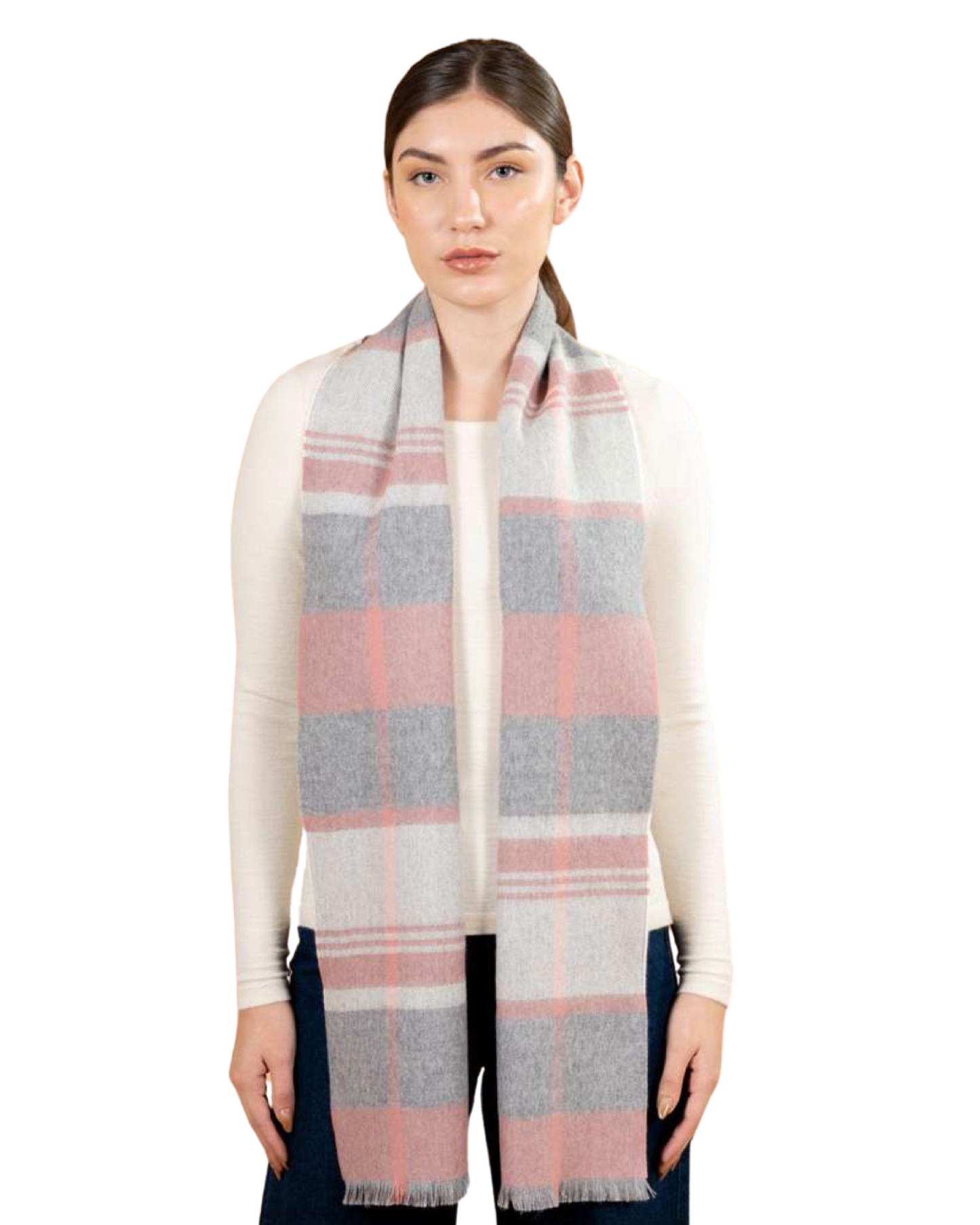Baby Alpaca Plaid Scarf – 100% Brushed Baby Alpaca, Soft & Lightweight- Soft Pink & Grey