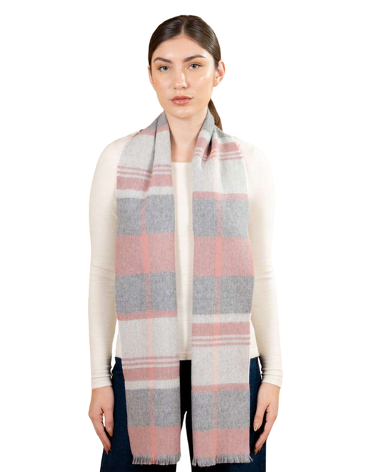 Baby Alpaca Plaid Scarf – 100% Brushed Baby Alpaca, Soft & Lightweight- Soft Pink & Grey