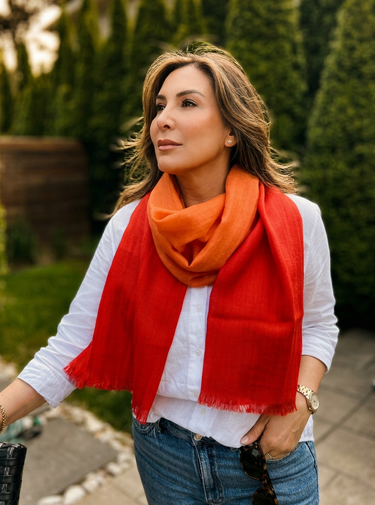 Ocean Breeze Red & Orange Silk & Alpaca Shawl Wrap Hand Dyed